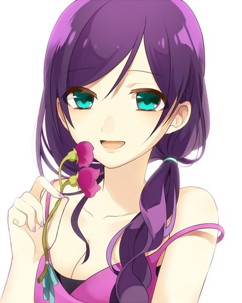 Anime picture 720x899 with love live! school idol project sunrise (studio) love live! toujou nozomi chisumi single tall image looking at viewer open mouth simple background white background bare shoulders cleavage purple hair nail polish aqua eyes side ponytail purple nail polish girl flower (flowers)
