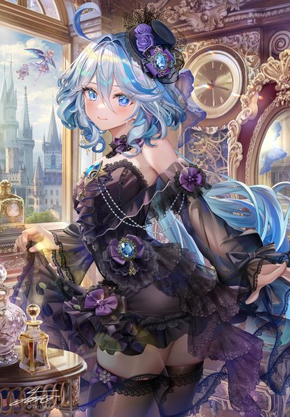 Anime picture 1250x1796 with genshin impact lumine (genshin impact) paimon (genshin impact) furina (genshin impact) torino aqua long hair tall image looking at viewer blush fringe blue eyes light erotic smile hair between eyes multiple girls signed blue hair silver hair ahoge indoors