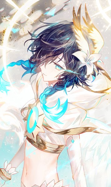 Anime picture 1000x1684 with genshin impact venti (genshin impact) venti (archon) (genshin impact) juexing (moemoe3345) single long hair tall image looking at viewer fringe black hair hair between eyes upper body braid (braids) aqua eyes midriff twin braids boy navel feather (feathers)
