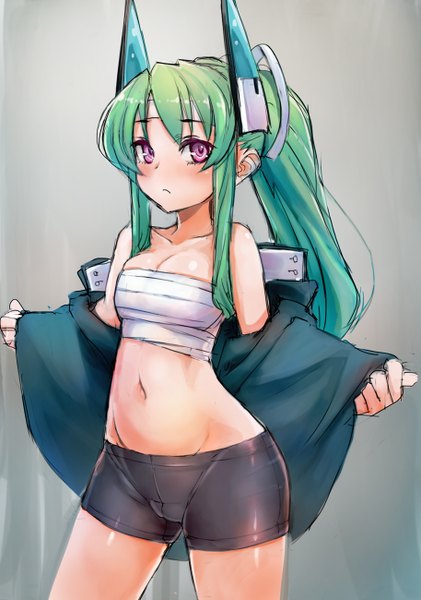 Anime picture 913x1300 with original menou kaname taishi (picchiridou) single long hair tall image looking at viewer blush light erotic purple eyes ponytail green hair open clothes bare belly girl navel jacket leggings sarashi