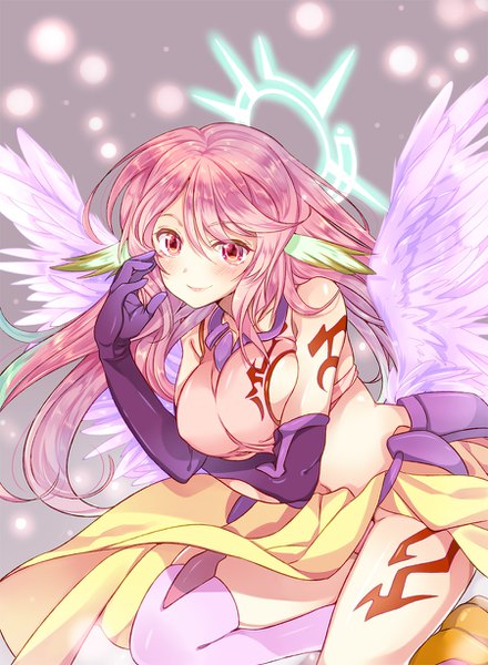 Anime picture 900x1228 with no game no life madhouse jibril (no game no life) mihara youzora single long hair tall image looking at viewer blush fringe breasts light erotic smile hair between eyes large breasts payot pink hair bent knee (knees) pink eyes midriff