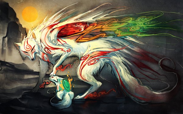 Anime picture 1280x800 with okami okamiden sakimichan wide image eyes closed wings sun
