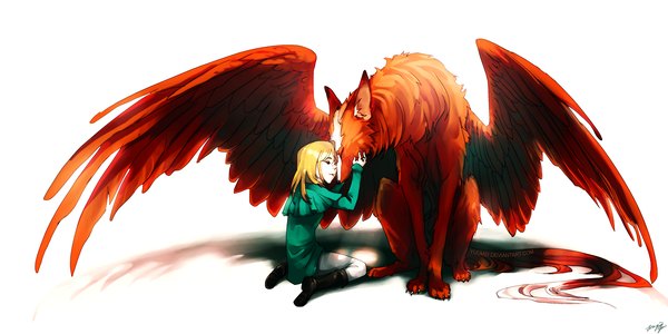 Anime picture 1200x600 with original yuumei single long hair simple background blonde hair wide image white background sitting signed eyes closed from behind shadow hug back girl animal wings creature