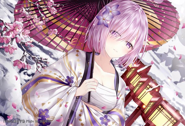 Anime picture 4395x3000 with fate (series) fate/grand order mash kyrielight junpaku karen single looking at viewer blush fringe highres short hair breasts light erotic purple eyes holding pink hair absurdres cleavage upper body outdoors traditional clothes