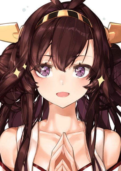 Anime picture 1052x1488 with kantai collection kongou battleship leung ka che single long hair tall image looking at viewer blush fringe open mouth simple background brown hair white background purple eyes bare shoulders ahoge sparkle hair bun (hair buns) portrait happy