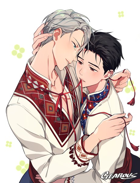 Anime picture 950x1238 with yuri!!! on ice mappa viktor nikiforov katsuki yuuri gearous tall image blush fringe short hair black hair simple background white background holding brown eyes signed looking away silver hair traditional clothes parted lips head tilt
