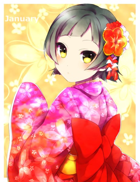 Anime picture 1000x1300 with kantai collection arare destroyer sekina single tall image blush fringe short hair black hair yellow eyes looking away traditional clothes japanese clothes looking back from above floral print framed girl hair ornament kimono
