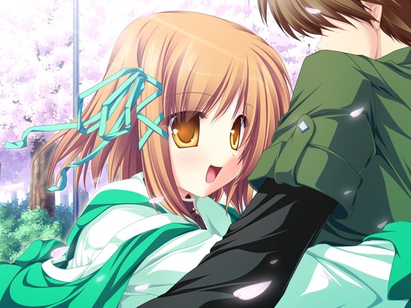 Anime picture 1600x1200 with magus tale whirlpool (studio) amagase koyuki tenmaso blush short hair open mouth blonde hair brown hair yellow eyes game cg couple hug cherry blossoms spring girl boy uniform ribbon (ribbons) plant (plants)