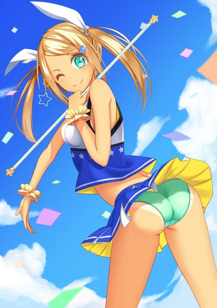Anime picture 1000x1414 with koyaya (sorano) single long hair tall image blush light erotic blonde hair smile twintails bare shoulders sky cloud (clouds) pleated skirt one eye closed looking back aqua eyes wink cheerleader girl skirt