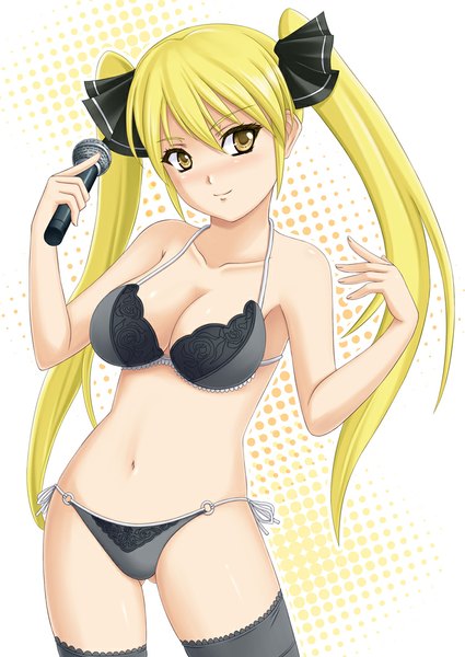 Anime picture 752x1062 with dream c club mian (dream c club) hayami kyuuen single long hair tall image blush light erotic blonde hair twintails yellow eyes girl thighhighs navel underwear panties bow black thighhighs hair bow