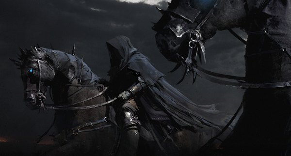 Anime picture 1280x687 with lord of the rings nazgul tiger1313 blue eyes wide image holding night torn clothes glowing shaded face glowing eye (eyes) no face riding gloves armor hood cape cloak horse undead