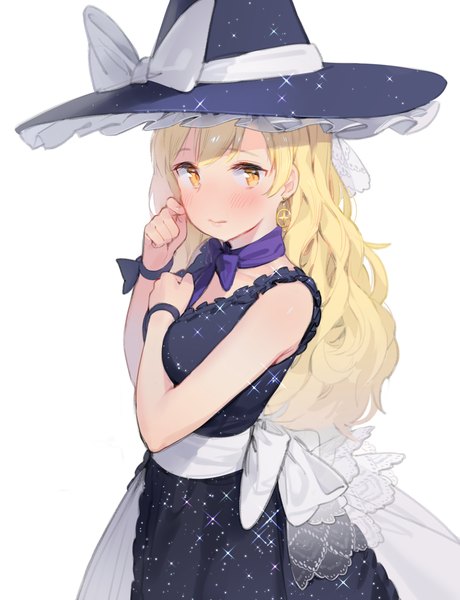 Anime picture 1381x1800 with touhou kirisame marisa ddal single long hair tall image looking at viewer blonde hair white background yellow eyes sparkle sleeveless adapted costume girl dress hat black dress witch hat wristlet sash