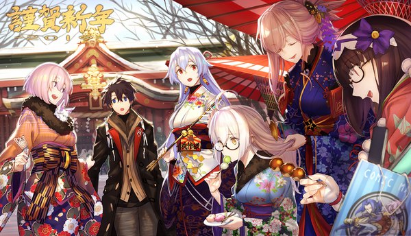 Anime picture 1550x890 with fate (series) fate/grand order artoria pendragon (all) mash kyrielight miyamoto musashi (fate) tomoe gozen (fate) fou (fate) fujimaru ritsuka (male) mysterious heroine x (alter) (fate) mysterious heroine x (fate) siegfried (fate) tef long hair fringe short hair blue eyes smile hair between eyes red eyes brown hair