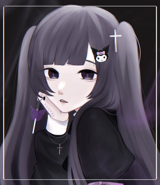 Anime picture 1124x1294 with onegai my melody original sanrio kuromi 402 (o0 xxx) single long hair tall image looking at viewer fringe open mouth black hair simple background twintails payot upper body blunt bangs nail polish black eyes mole