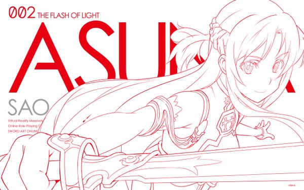 Anime picture 1280x800 with sword art online a-1 pictures yuuki asuna single long hair looking at viewer wide image light smile text monochrome english lineart girl weapon detached sleeves sword