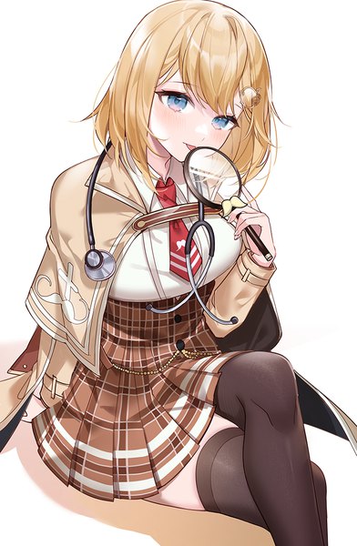 Anime picture 719x1100 with virtual youtuber hololive hololive english watson amelia machi (7769) single tall image fringe short hair blue eyes simple background blonde hair white background sitting pleated skirt arm support crossed legs plaid skirt girl thighhighs