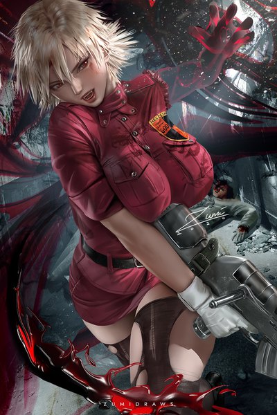 Anime picture 720x1080 with hellsing seras victoria zumi (zumidraws) single tall image looking at viewer blush fringe short hair breasts open mouth light erotic blonde hair hair between eyes red eyes large breasts twintails signed indoors head tilt