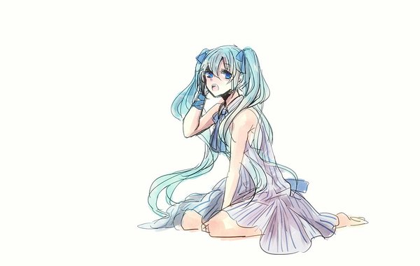 Anime picture 1000x634 with vocaloid hatsune miku shiratsuyu single open mouth blue eyes simple background white background twintails looking away very long hair barefoot aqua hair girl dress