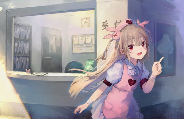 Anime picture 1200x778 with virtual youtuber sana channel natori sana makihitsuji single long hair looking at viewer blush fringe open mouth blonde hair smile hair between eyes red eyes standing payot :d fang (fangs) two side up nurse