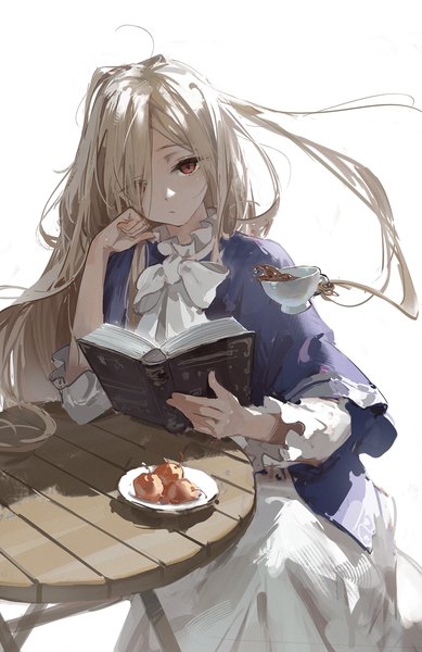Anime picture 1800x2778 with sousou no frieren sense (sousou no frieren) dino (dinoartforame) single long hair tall image looking at viewer fringe highres simple background blonde hair red eyes white background sitting hair over one eye head rest girl book (books) table cup