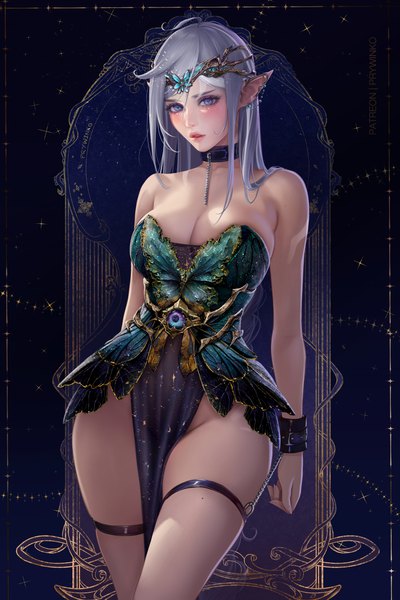 Anime picture 1000x1500 with original olga narhova single long hair tall image fringe breasts light erotic large breasts standing bare shoulders signed payot silver hair ahoge parted lips aqua eyes realistic mole no panties