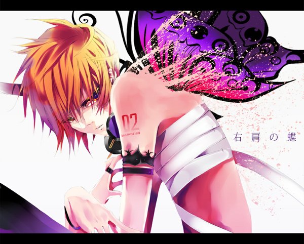 Anime picture 1000x804 with vocaloid kagamine len daiviad single short hair blonde hair purple eyes yellow eyes from behind orange hair inscription orange eyes tattoo back letterboxed crossed arms insect wings butterfly wings boy wings