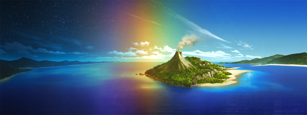 Anime picture 1200x451 with original mocha (cotton) wide image sky cloud (clouds) night evening no people landscape scenic lake volcano water star (stars) rainbow island