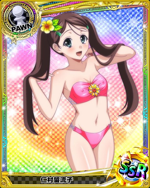Anime picture 640x800 with highschool dxd nimura ruruko single long hair tall image looking at viewer blush open mouth blue eyes light erotic brown hair twintails hair flower card (medium) girl navel flower (flowers) swimsuit bikini