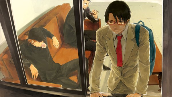 Anime picture 1200x676 with the strangers yooani short hair black hair wide image sitting orange hair group smoking boy glasses necktie couch backpack flat cap beard bubblegum monocle cigar