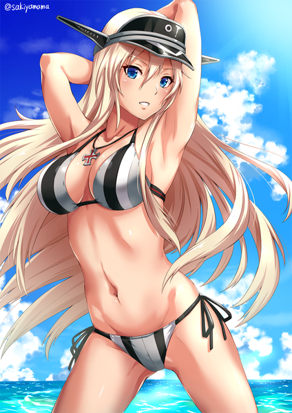 Anime picture 800x1131 with kantai collection bismarck battleship sakiyamama single long hair tall image looking at viewer blush fringe breasts open mouth blue eyes light erotic blonde hair hair between eyes standing signed sky cleavage cloud (clouds)