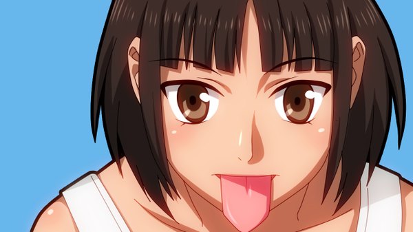 Anime picture 1280x720 with danshi koukousei no nichijou billiefeng single looking at viewer short hair black hair wide image brown eyes blue background girl tongue