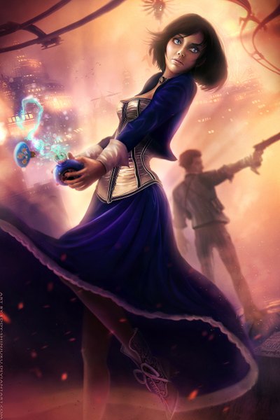 Anime picture 1800x2700 with bioshock infinite elizabeth (bioshock infinite) booker dewitt (bioshock infinite) eddy-shinjuku tall image looking at viewer highres short hair open mouth brown hair grey eyes city lights girl dress boy weapon animal choker bird (birds) gun