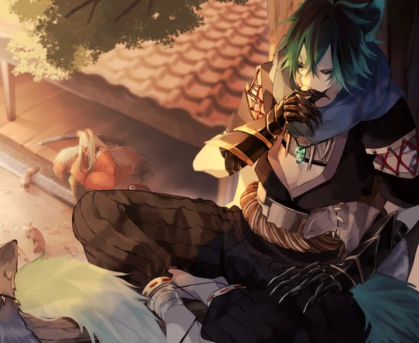 Anime picture 1579x1297 with original zabeo0125 long hair fringe short hair hair between eyes sitting animal ears outdoors tail eyes closed animal tail green hair multiple boys covered mouth drinking bandage over one eye tree sitting boy plant (plants)