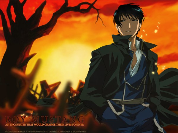 Anime picture 1280x960 with fullmetal alchemist studio bones roy mustang ningen (nattoli) arakawa hiromu signed evening sunset tagme