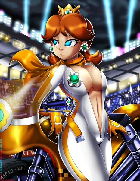 Anime picture 800x1033 with super mario bros. princess daisy shadman (theshadling) single long hair tall image breasts blue eyes light erotic large breasts looking away orange hair girl navel earrings bodysuit crown motorcycle