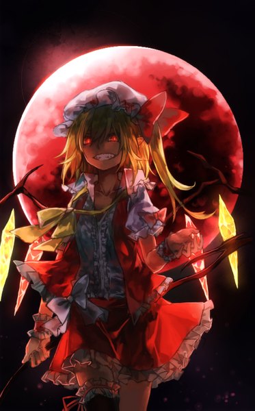 Anime picture 909x1461 with touhou flandre scarlet mister rhino (wangzisama1001) single long hair tall image blonde hair red eyes open clothes teeth fang (fangs) one side up grin glowing glowing eye (eyes) red moon evil grin darkness girl skirt