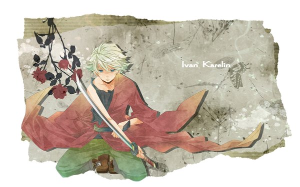 Anime picture 1914x1197 with tiger & bunny sunrise (studio) ivan karelin single highres short hair blue eyes blonde hair wide image sitting boy sword rose (roses) katana insect butterfly