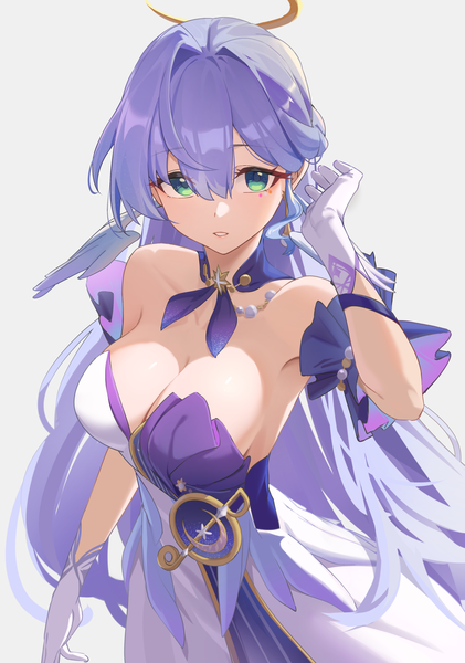 Anime picture 1616x2305 with honkai: star rail honkai (series) robin (honkai: star rail) reulem single long hair tall image fringe breasts light erotic simple background hair between eyes large breasts green eyes cleavage purple hair arm up grey background girl dress