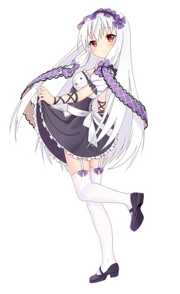 Anime picture 1487x2431 with original xian (pixiv11964491) single long hair tall image looking at viewer blush fringe blonde hair hair between eyes red eyes standing holding full body bent knee (knees) looking back maid standing on one leg leg lift (legs lift) lolita fashion