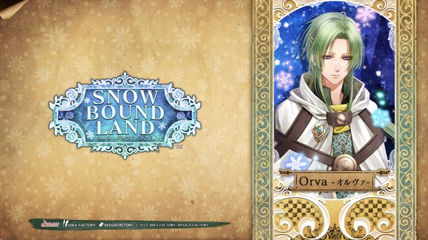Anime picture 1920x1080 with snow bound land idea factory orva single long hair looking at viewer fringe highres simple background wide image purple eyes green hair scan inscription official art copyright name character names snowing hair ornament hairclip