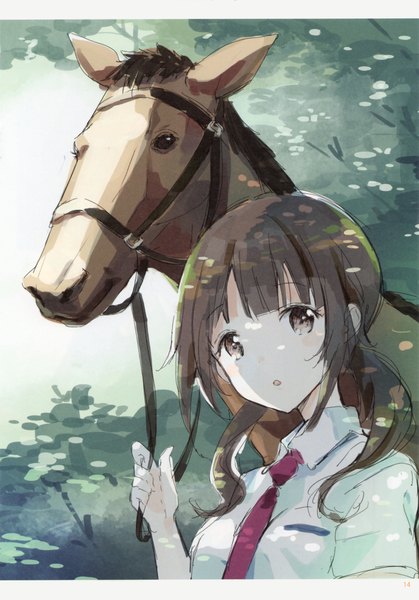 Anime picture 2830x4048 with tari tari p.a. works sakai wakana tiv long hair tall image looking at viewer highres open mouth brown hair twintails brown eyes girl uniform plant (plants) school uniform tree (trees) necktie horse