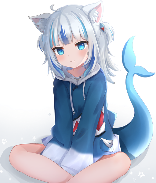 Anime picture 2000x2350 with virtual youtuber hololive hololive english gawr gura gawr gura (1st costume) nekopurin (nyanko prin) single tall image highres short hair blue eyes sitting animal ears looking away silver hair tail multicolored hair cat ears two side up streaked hair