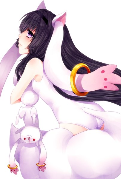 Anime picture 1181x1748 with mahou shoujo madoka magica shaft (studio) akemi homura kyuubee reniirean (artist) single long hair tall image light erotic black hair simple background white background purple eyes animal ears tail cosplay girl blood animal costume