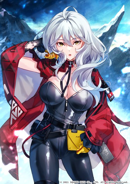 Anime picture 955x1351 with deep insanity square enix vera rustamova yaki mayu single long hair tall image looking at viewer fringe breasts open mouth light erotic hair between eyes large breasts standing yellow eyes cleavage silver hair ahoge outdoors