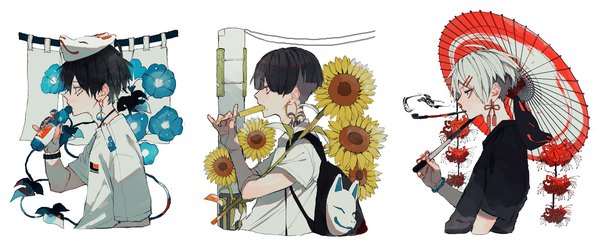 Anime picture 2048x847 with original sakusya2honda highres short hair black hair wide image white background looking away silver hair profile multiple boys smoke multiview smoking mask on head boy flower (flowers) food sweets bobby pin