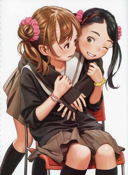 Anime picture 5092x6966 with futurelog (artbook) range murata long hair tall image highres open mouth black hair simple background smile brown hair sitting twintails multiple girls brown eyes absurdres one eye closed fingernails scan hair bun (hair buns) grin