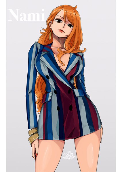 Anime picture 2480x3508 with one piece toei animation nami (one piece) sherumaru (korcht06) single long hair tall image fringe highres breasts simple background hair between eyes standing brown eyes signed cleavage nail polish head tilt fingernails light smile