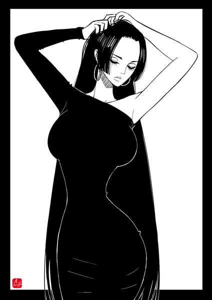 Anime picture 1280x1811 with one piece toei animation boa hancock chris re5 single tall image breasts simple background standing white background signed eyes closed very long hair arms up border monochrome asymmetrical clothes hands on head curvy girl