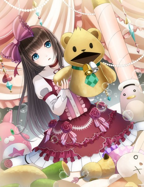 Anime picture 744x960 with original kentaurosu single long hair tall image looking at viewer open mouth blue eyes black hair girl dress flower (flowers) bow hair bow rose (roses) toy stuffed animal bubble (bubbles)