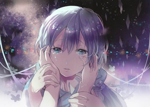 Anime picture 1000x710 with original sakuragi kei single looking at viewer short hair blue eyes blue hair tears crying hands on face girl flower (flowers) jacket star (stars)